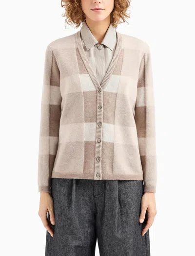 Emporio Armani Icon V-neck Cardigan In Virgin Wool With A Plated Check Motif