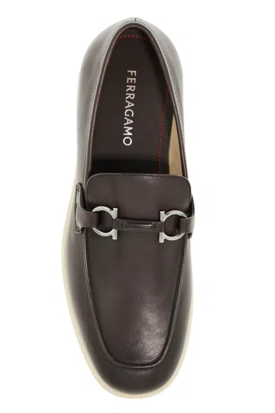 Ferragamo Buckle Loafers With Almond Toe And Metal Hardware In Brown