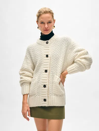 White + Warren Plush Alpaca Blend Basket Stitch Cardigan In Ivory In Ivory