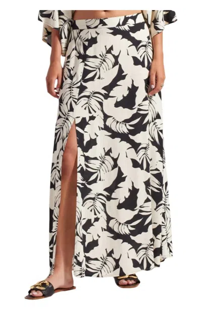 Tribal Side Slit Maxi Skirt In Ivory/black In Multi