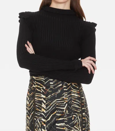 Marie Oliver Tinley Ribbed Mock-neck Ruffle-trim Sweater In Black