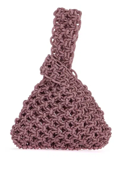 Hibourama Woven Satin Handbag With Crystal Details And Knot Closure In Pink