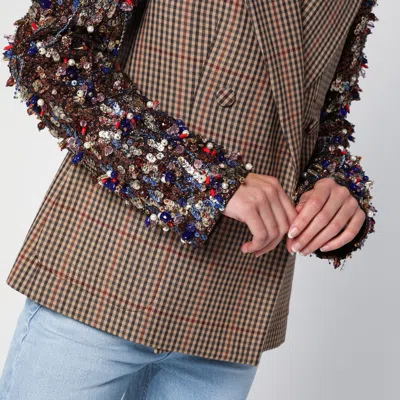 Shop Dries Van Noten Double-breasted Jacket With Vichy Pattern And Sequin In Metal