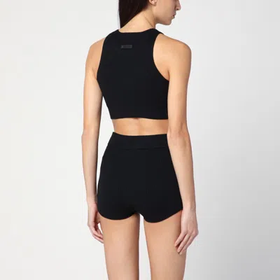 Essentials Womens Black Waffle Sport Cropped Woven-blend Top In Black