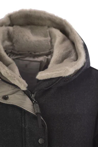 Shop Brunello Cucinelli Pure New Wool Down Jacket With Sheepskin Hood In Lignite