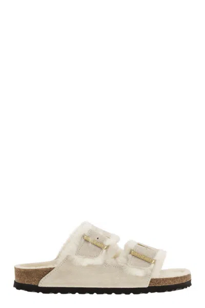 Birkenstock Arizona Suede Shearling Dual-buckle Slide Sandals In White