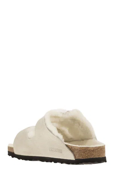 Birkenstock Arizona Suede Shearling Dual-buckle Slide Sandals In White