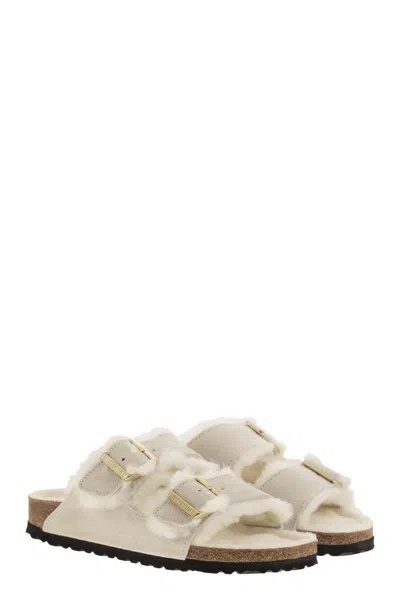 Birkenstock Arizona Suede Shearling Dual-buckle Slide Sandals In White