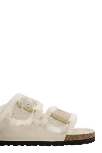 Birkenstock Arizona Suede Shearling Dual-buckle Slide Sandals In White