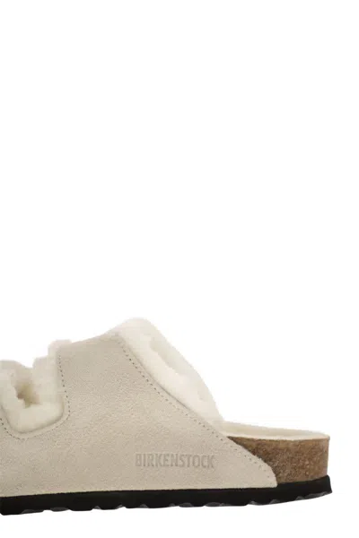 Birkenstock Arizona Suede Shearling Dual-buckle Slide Sandals In White
