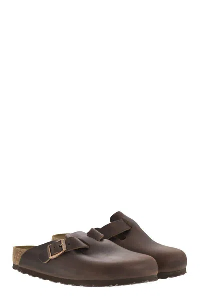 Birkenstock Leather Boston Slippers Buckle Detail In Brown