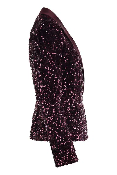 Elisabetta Franchi Double-breasted Jacket In Chenille Embroidered With Sequins In Red
