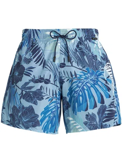 Etro Boxer Swimsuit With Maxi Floral Print In Blue