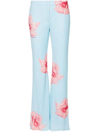 Kenzo Flared Rose Print Trousers In Blue