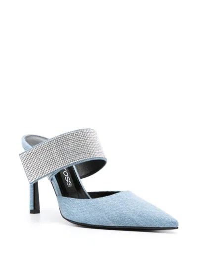 Sergio Rossi Sr Paris 100mm Denim Mules In Blue/crystal