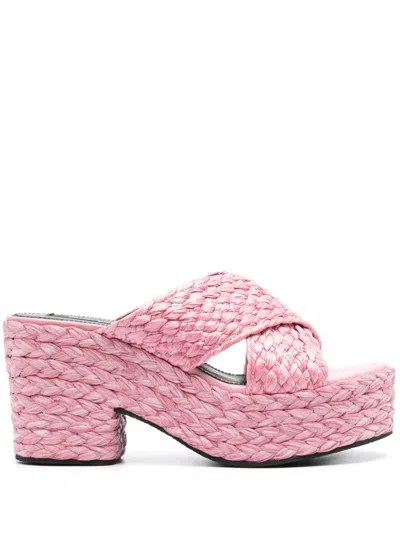 Sergio Rossi Raffia Woven Crossover Mules In Light Pink