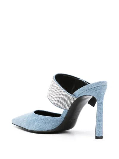 Sergio Rossi Sr Paris 100mm Denim Mules In Blue/crystal