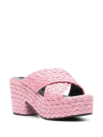 Sergio Rossi Raffia Woven Crossover Mules In Light Pink