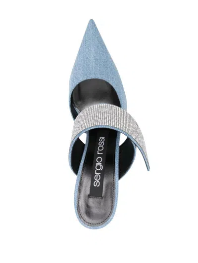 Sergio Rossi Sr Paris 100mm Denim Mules In Blue/crystal