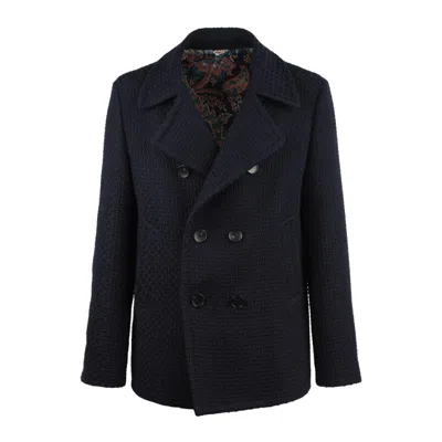 Etro Wool Coat With Lapels And Decorative Buttons In Blue