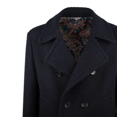 Etro Wool Coat With Lapels And Decorative Buttons In Blue