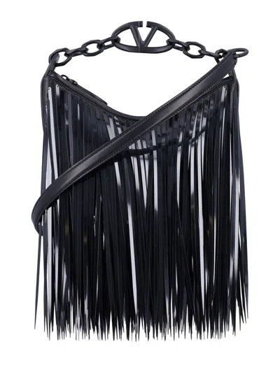 Shop Valentino Garavani Vlogo Moon Mini Hobo Bag With Sequin Fringes In Black