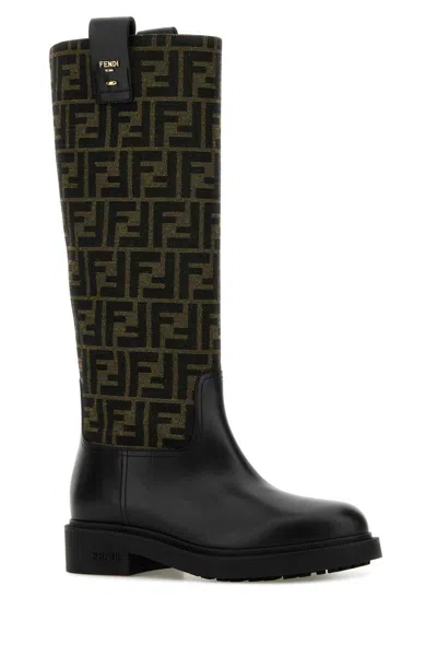 Fendi Tall Boots With Signature Monogram Pattern And Branded Detailing In Black