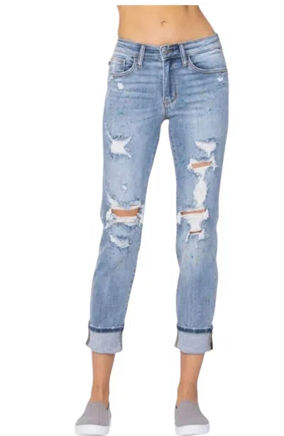 Judy Blue Paint Splash Destroyed Boyfriend Jeans In Blue Paint Speckled In Multi