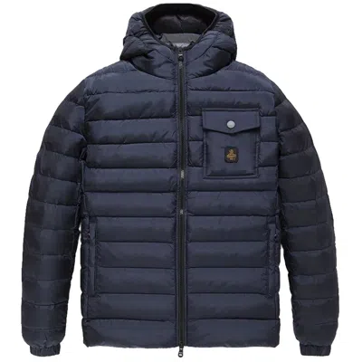 Refrigiwear Elegant Black Hooded Down Jacket With Chic Olive Accent In Blue