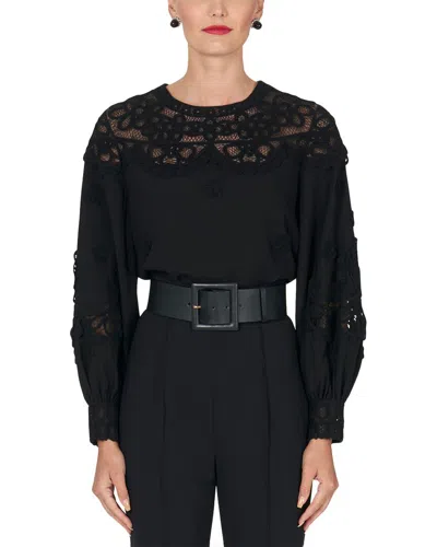 Carolina Herrera Embroidered Puff-sleeve Top With Lace Panels In Black