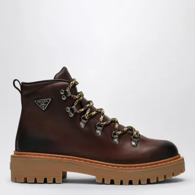 Prada Women's Ebony-coloured Leather Lace-up Boot In Brown