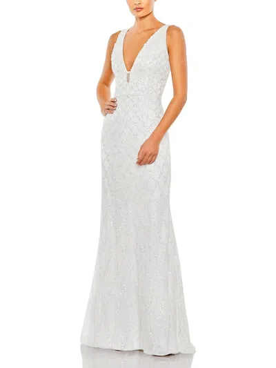 Mac Duggal Sequined Plunge Neck Sleeveless Column Gown In White