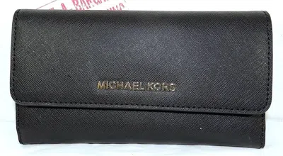 Michael Kors Jet Set Travel Mk Signature Leather Large Trifold Wallet In Black/gold