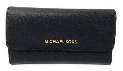 Michael Kors Jet Set Travel Mk Signature Leather Large Trifold Wallet In Black/gold