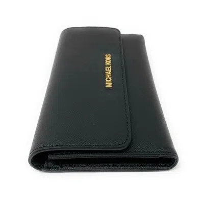 Michael Kors Jet Set Travel Mk Signature Leather Large Trifold Wallet In Black/gold