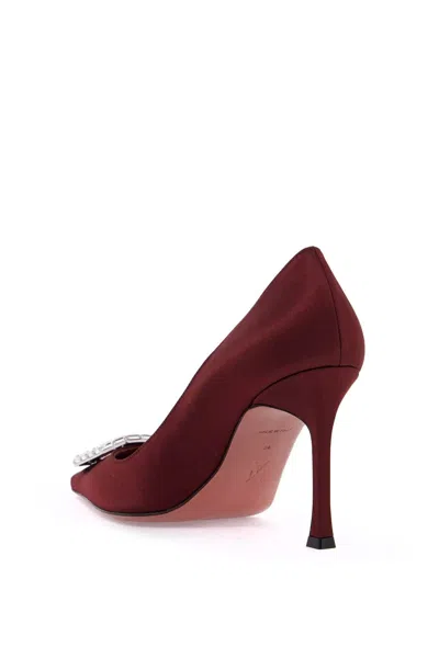 Amina Muaddi Camelia Crystal-embellished Satin Point-toe Pumps In Burgundy