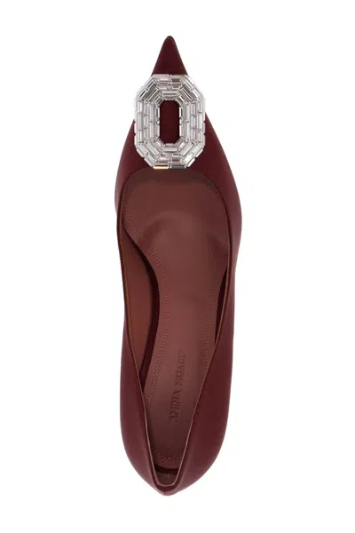 Amina Muaddi Camelia Crystal-embellished Satin Point-toe Pumps In Burgundy