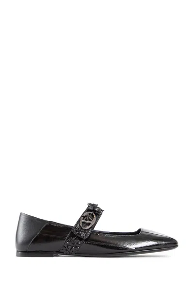 Valentino Garavani Vlogo Locker Mary-jane Ballerina In Eel With Flower Application Woman Black 37.5 In Black