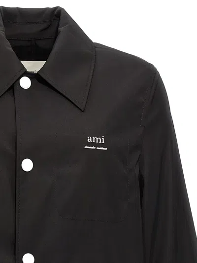 Shop Ami Alexandre Mattiussi Black Coat With Classic Collar And Front Button Closure In Cotton Blend Man