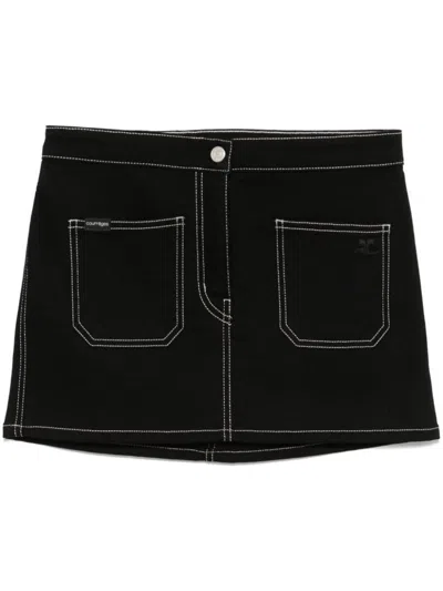 Courrèges 2-pocket Topstitched Denim Mini Skirt In Black