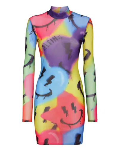 Philipp Plein Ls Smile Logo-print Minidress In Multi