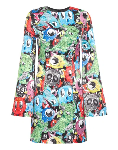 Philipp Plein Mini Dress Ls Monsters In Multi