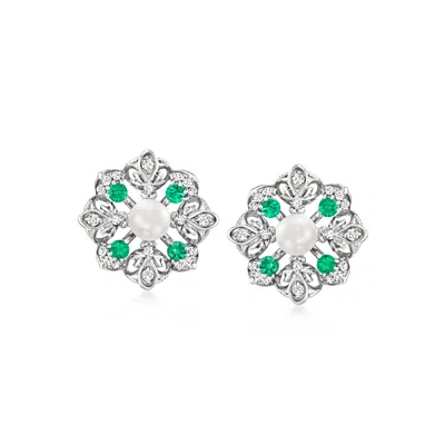 Ross-simons 4-4.5mm Cultured Pearl And . Emerald Earrings With . Diamonds In Sterling Silver In Green