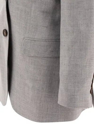 Shop Brunello Cucinelli Linen And Wool Canvas Blazer With Monili In Grey