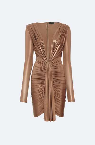 Lapointe Coated Jersey Deep V Neck Mini Dress In Pale Gold