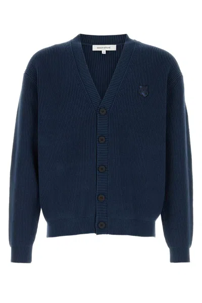 Maison Kitsuné Cotton Blend Cardigan With Iconic Frontal Patch In Blue