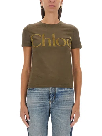 Chloé Logo Lettering T-shirt In Brown