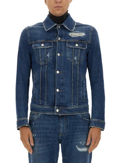 Dolce & Gabbana Blue Jacket With Classic Collar And Rips In Denim Stretch Man In Multicolor