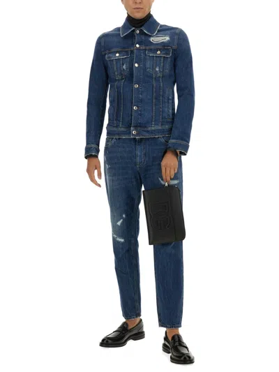 Dolce & Gabbana Blue Jacket With Classic Collar And Rips In Denim Stretch Man In Multicolor