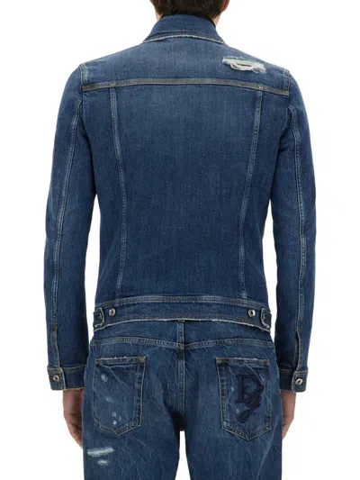 Dolce & Gabbana Blue Jacket With Classic Collar And Rips In Denim Stretch Man In Multicolor